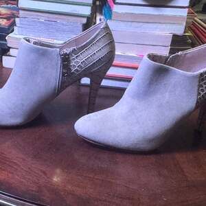 Vince Camuto Monica Grey Suede and Croc-Embossed Leather Ankle Booties